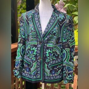 GERRY WEBER L blue/green abstract floral lined pocketed 2 button jacket
